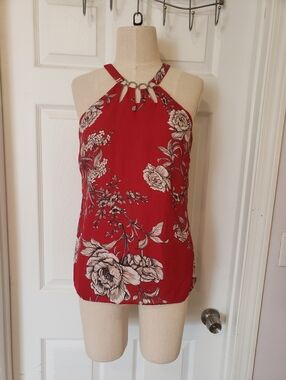 Red Floral Halter Top with Ring Detail Size 4